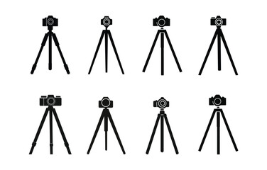 Black icon set showing cameras on tripods, isolated on white background