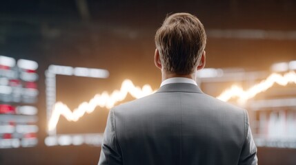 Visionary Financial Leader: A focused executive in a tailored suit, gazes thoughtfully at dynamic stock market data on a vast digital display, symbolizing strategic insight and future planning.