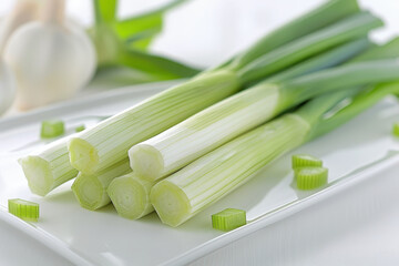Fresh green leeks on white plate with sliced pieces in the kitchen