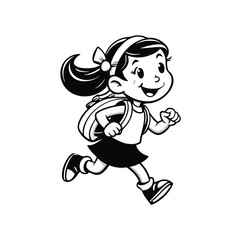 Silhouette of a Little Girl Running with Backpack and Flying Ponytail