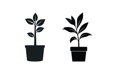 Black plant icons set in pots with leaves on white background