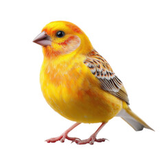 Vibrant yellow and orange baby bird with detailed feathers and curious expression, isolated on a white background for wildlife and nature themes