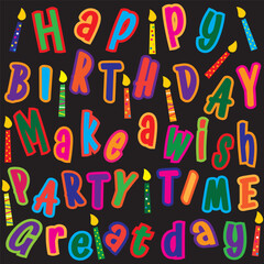 Happy birthday greeting card design with colorful text
and candles