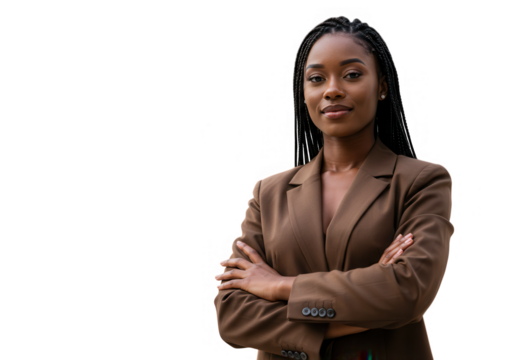 A confident african american businesswoman in a brown suit stands with her arms crossed isolated on transparent background