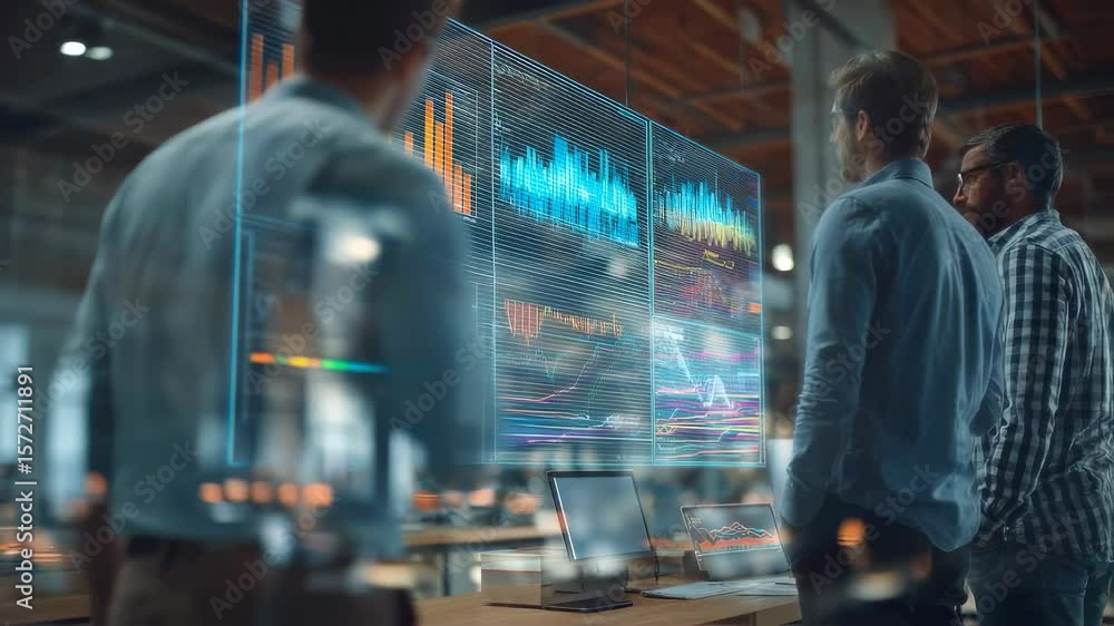 Poster team of business experts collaborating in a vibrant office setting analyzing realtime financial data