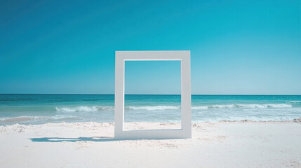 A white square frame is on the beach next to the ocean