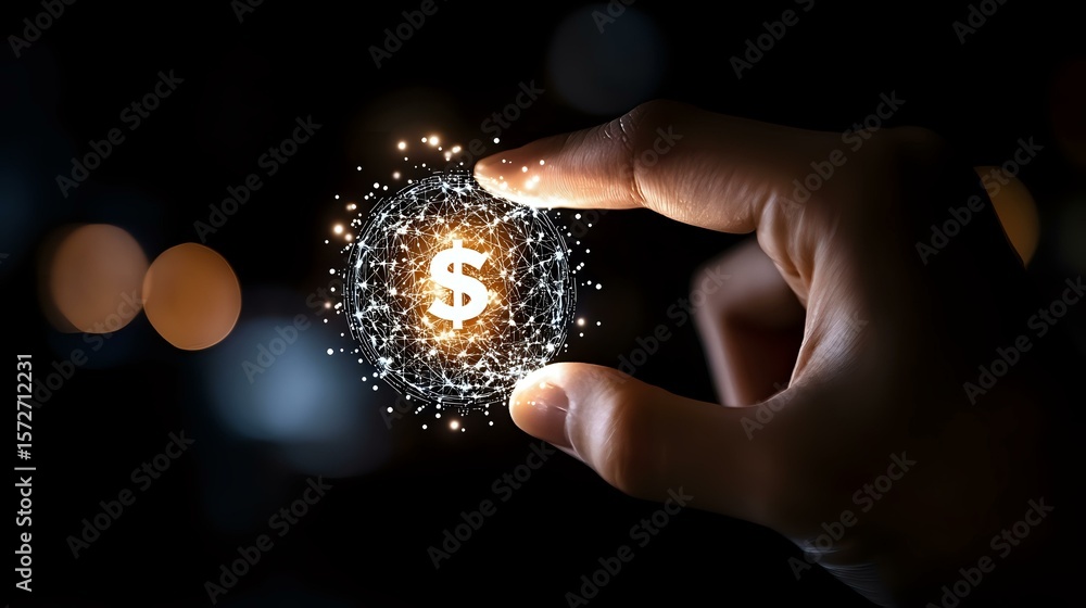 Poster glowing dollar symbol surrounded by sparkles and particles between fingers against dark background w