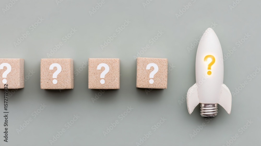Poster white lightbulb rocket launching from question mark blocks