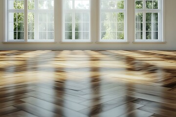 Fototapeta premium Sunlight streaming through white framed windows creates dramatic shadows on polished hardwood flooring in empty room, showcasing natural light patterns and interior design.