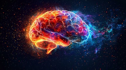 Fototapeta premium Glowing human brain with vibrant red and blue energy waves against dark cosmic background, depicting neural activity and consciousness in artistic style.