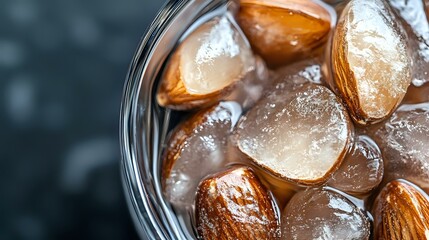 Fresh whole almonds and ice cubes in glass jar, macro food photography with selective focus and dark moody background for beverage and cocktail menu.