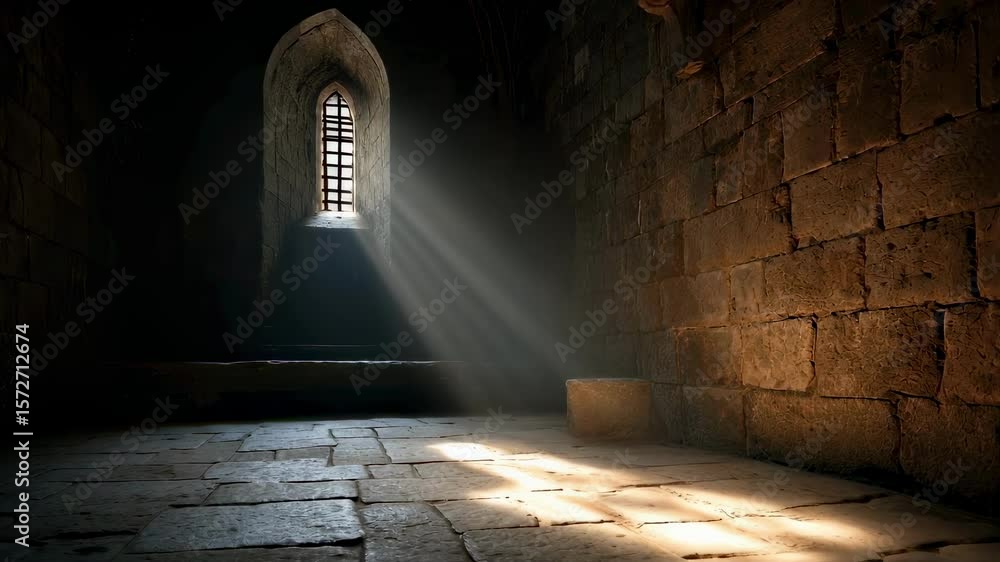 Poster light rays streaming through a barred window, illuminating the dark stone interior of an ancient med
