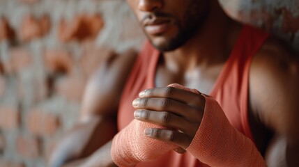 Boxer preparing for training in a gym with a rustic brick wall in the background