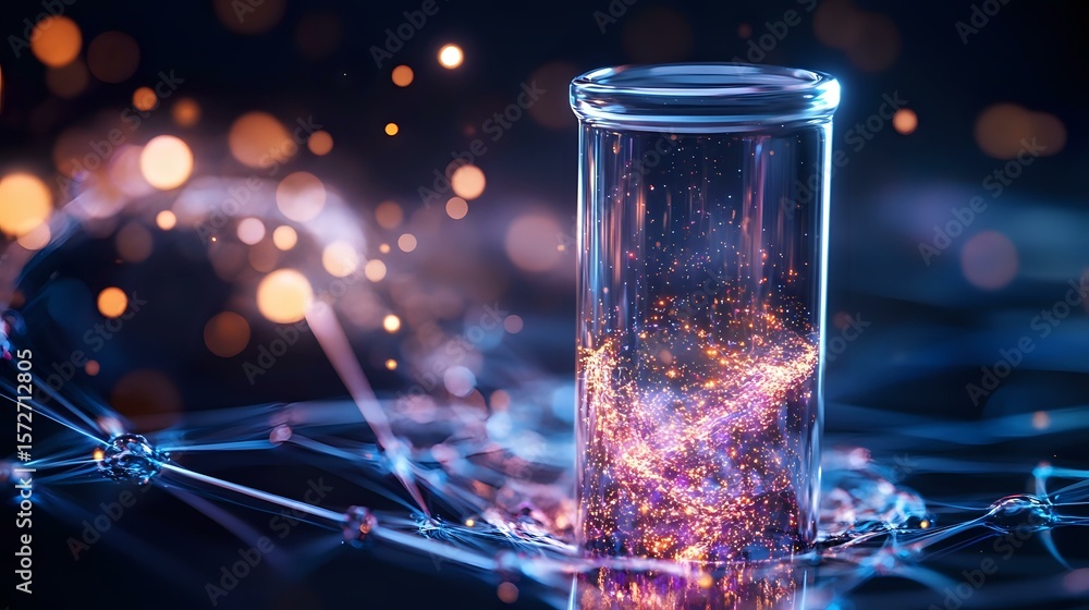 Poster glowing magical particles swirling inside glass test tube on dark background with bokeh lights and c