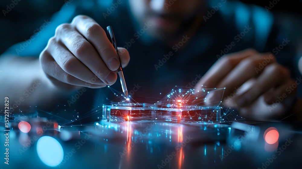 Poster scientist working with microchip in dark laboratory environment with glowing digital effects and bok