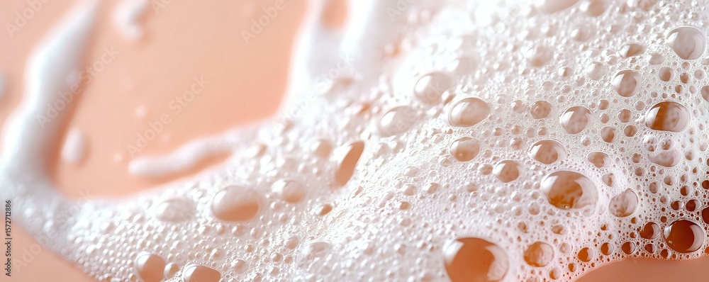 Poster macro shot of soap foam bubbles in soft pink and white tones creating abstract texture pattern with 