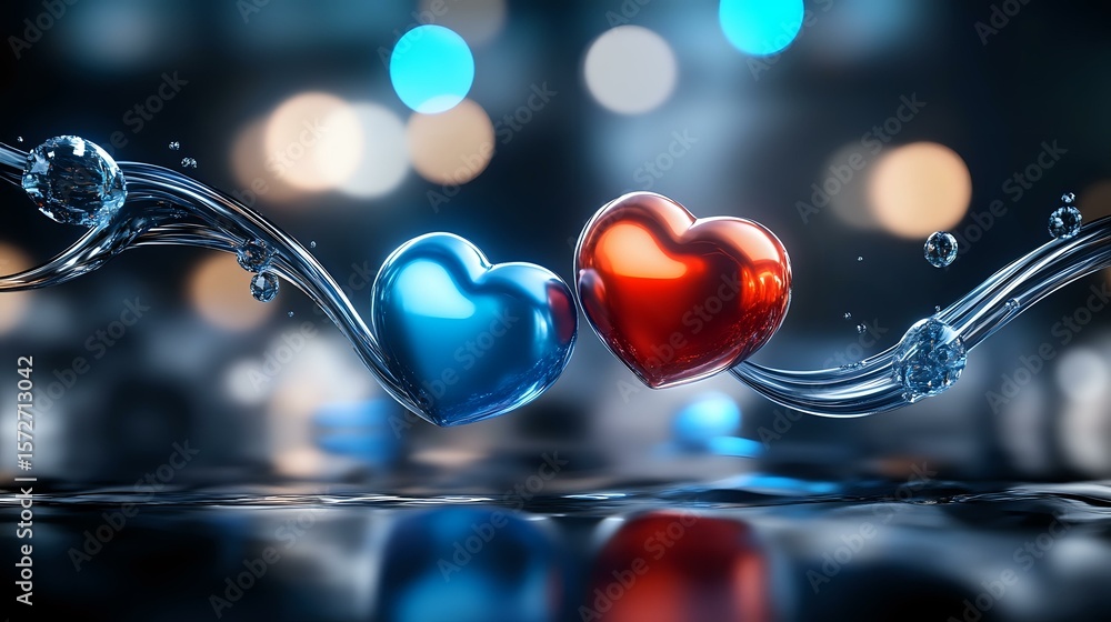 Poster red and blue heart shapes floating with water splashes and bokeh lights reflecting on dark surface, 