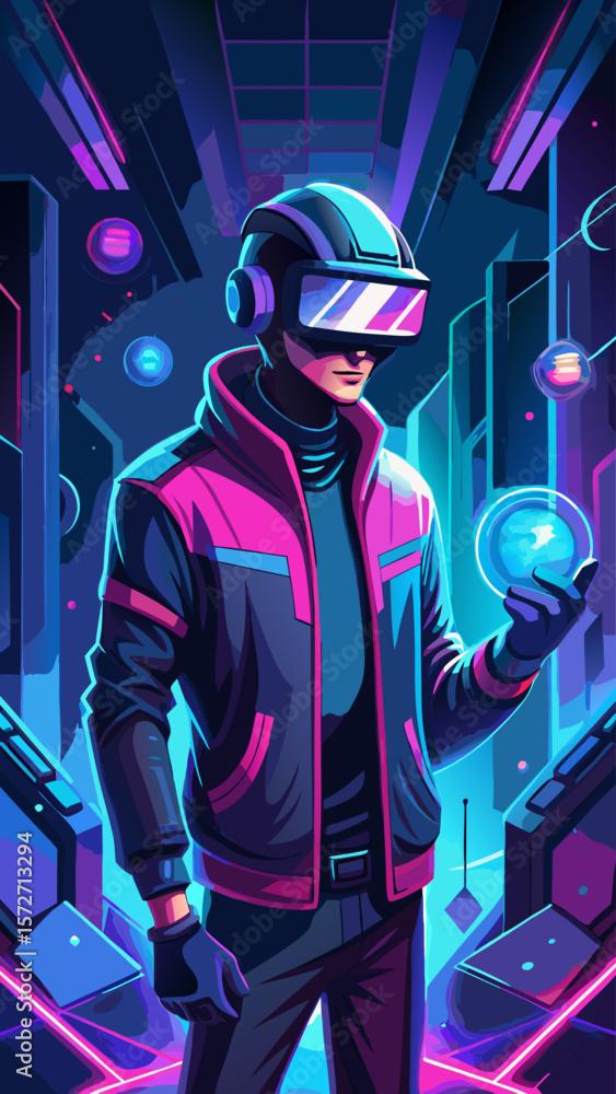 Poster a man in a black jacket holding a ball in front of a neon sign. the image is of a futuristic setting
