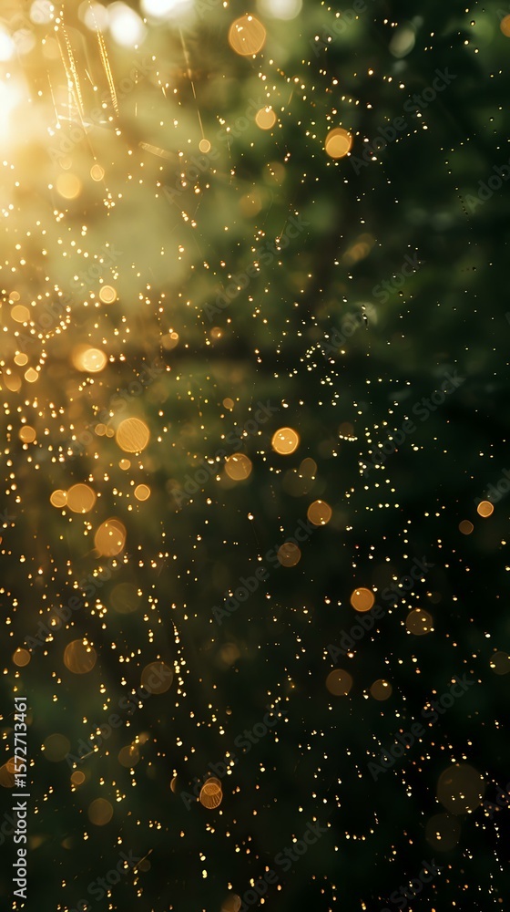 Poster magical golden bokeh lights and sparkles floating on dark green background create dreamy atmospheric