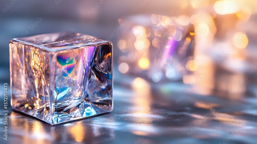 Poster crystal clear ice cube with rainbow light refraction and bokeh effects on dark surface, creating mag