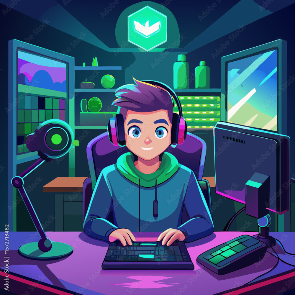 Aufkleber a boy is sitting in front of a computer with a green hoodie on. he is wearing headphones and is typi