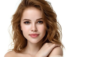 Fototapeta premium Young woman with natural makeup and wavy brown hair smiling confidently against white background, bare shoulders showing. Professional beauty portrait with soft lighting.