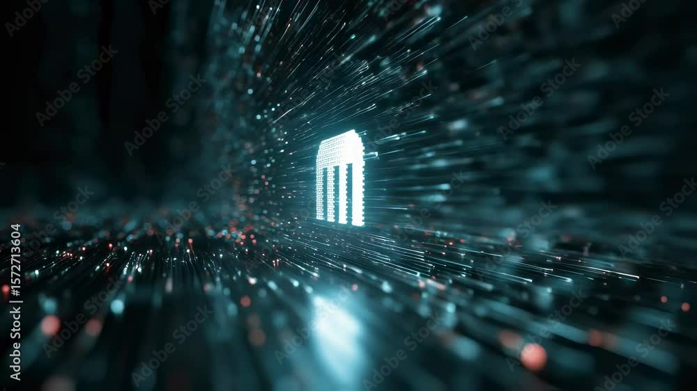 Poster a luminous bank symbol hovers over a matrix of pulsating data streams encapsulating the dynamic rela