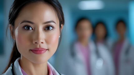 Fototapeta premium Young Asian female medical professional in white coat with confident expression, hospital corridor background with blurred medical team. Healthcare concept.