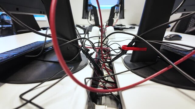 Close up of tangled wires and cables behind monitors, creating a messy and disorganized workspace. low angle, dolly