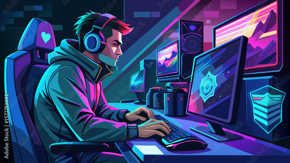 Poster a man is sitting in front of a computer with a keyboard and a mouse. he is wearing headphones and a 
