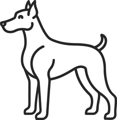 Outline illustration of a doberman pinscher dog standing alert isolated on white background