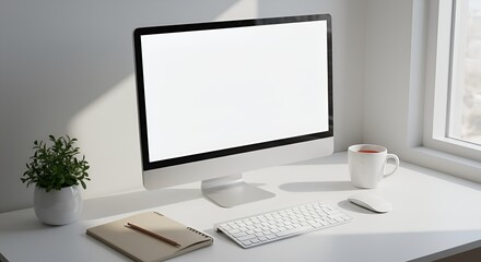 Fototapeta premium Minimalist Workspace with Computer, Plant, and Morning Sunlight on White Desk