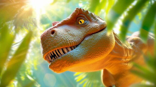 Detailed carnivorous dinosaur with open mouth in lush prehistoric environment. Sunlight filtering through green foliage highlights textured skin and yellow eye.