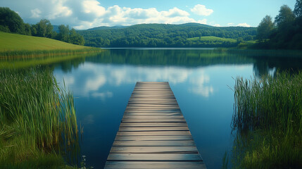 Nature tranquility concept with wide wooden dock extending into clear forest lake, surrounded by fresh greenery, perfect summer light, and serene calm