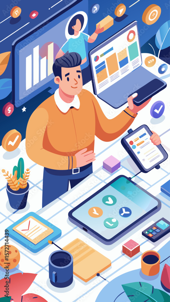 Poster a man is holding a tablet and smiling. the image is a cartoon of a man with a tablet in his hand. th