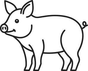 Simple outline drawing of a happy pig standing isolated on white background