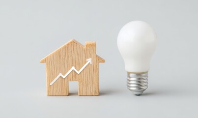 Wooden House Model with Upward Graph and Lightbulb on Grey Background