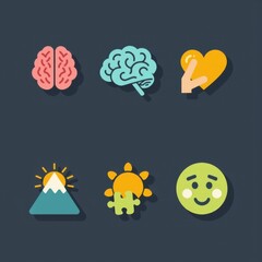 Collection of six colorful and playful flat icons representing mind and mental health concepts including brain, thought, kindness, mountain, virus, and emotion