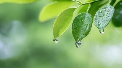 Fresh green leaves after rain with shimmering water droplets close up in natural light - Powered by Adobe
