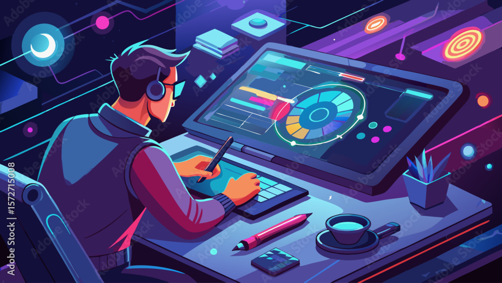 Poster a man is sitting in front of a computer monitor, drawing a robot. the image is colorful and has a fu