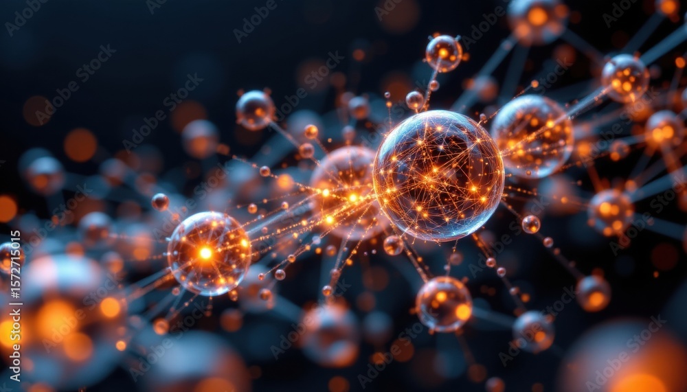 Poster abstract glowing spheres interconnected by lines of light, evocative of molecular structures or netw