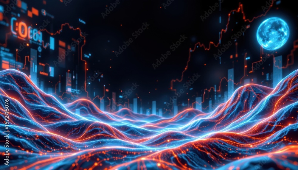 Poster abstract digital landscape with glowing lines and data visualizations. the scene features a futurist