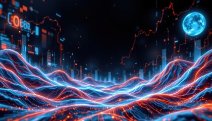 Obraz premium Abstract digital landscape with glowing lines and data visualizations. The scene features a futuristic terrain with vibrant blue and red hues, and a globe in the background.