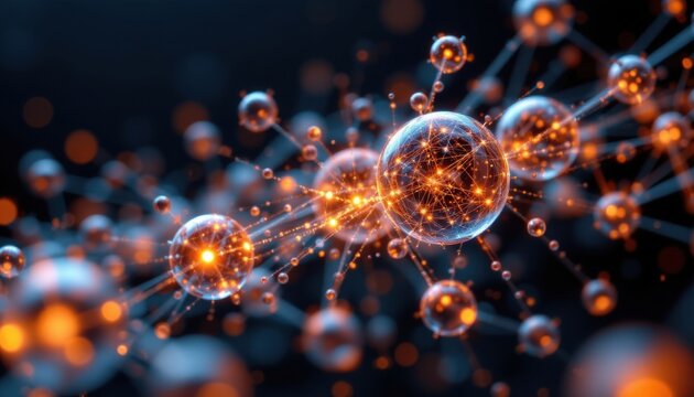 Abstract glowing spheres interconnected by lines of light, evocative of molecular structures or networks. The image is dark, moody and abstract, with warm orange and cool blue tones. 