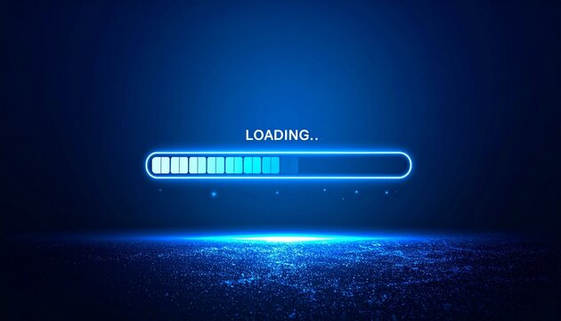 Futuristic loading screen with glowing progress bar, set against a dark blue gradient background