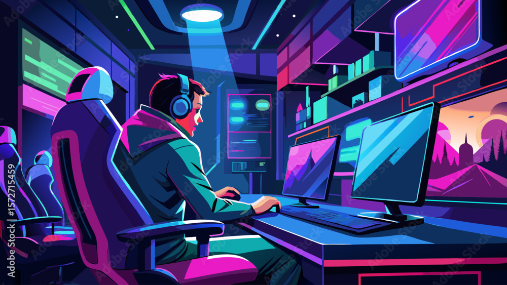 Aufkleber a man is sitting in front of a computer with headphones on. he is typing on a keyboard