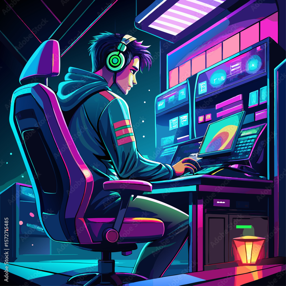 Poster a man is sitting in front of a computer with headphones on. he is typing on a keyboard