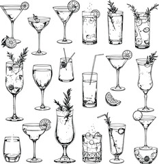 black and white hand-drawn cocktail glass icon grid — 20 stylish drink illustrations for bar, party, and menu design