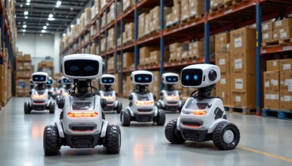 Fleet of robots working diligently in a vast, organized warehouse. These automated workers navigate the aisles with precision, efficiently managing inventory amidst the neatly stacked boxes