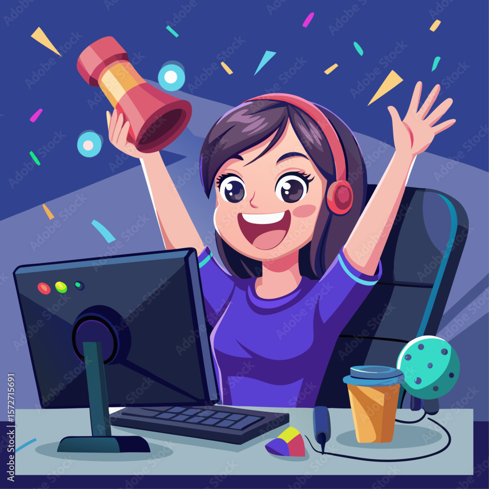 Poster a woman is holding a controller and smiling. she is playing a video game and is holding a red contro